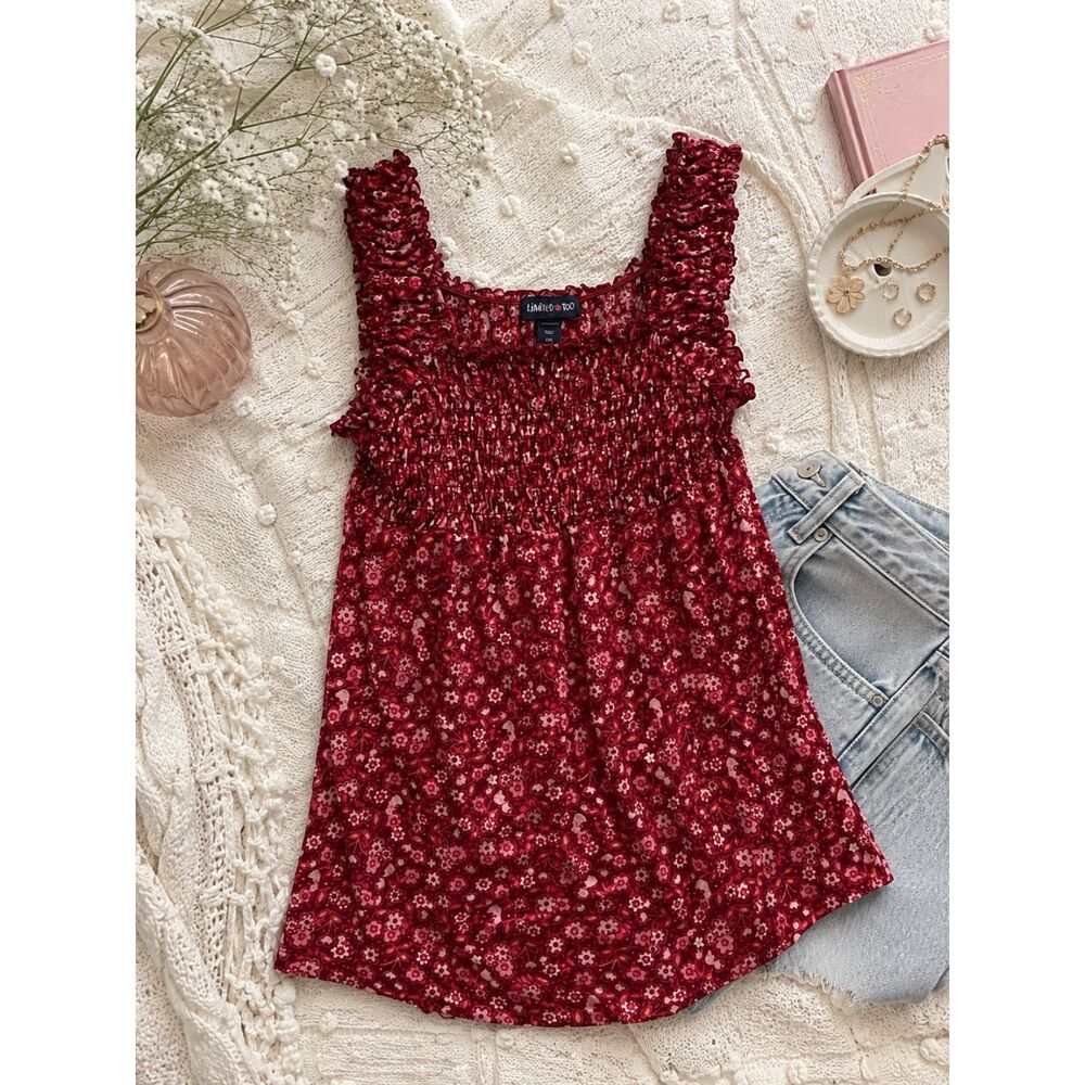 Y2K Limited Too Floral Smocked Tank Top Pink Red Flower Print Girls XXL